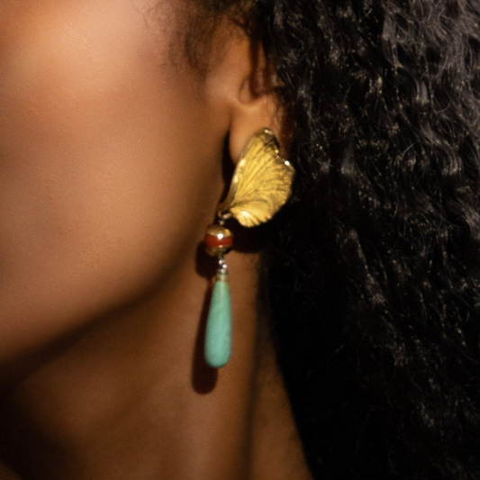 18k Gold, Turquoise & Carnelian Mushroom Earring