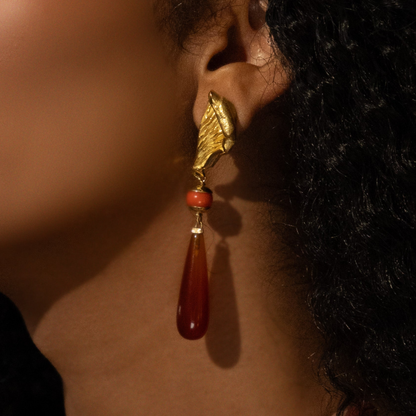 18k Gold, Natural Red Coral & Carnelian Mushroom Earring